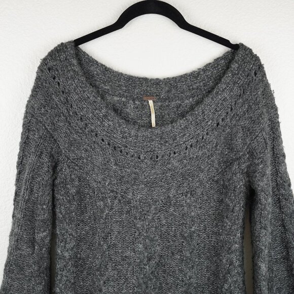 Free People Gray Knit Chunky Sweater Dress Size M‎ Boho Wool Cable Knit - Picture 2 of 10